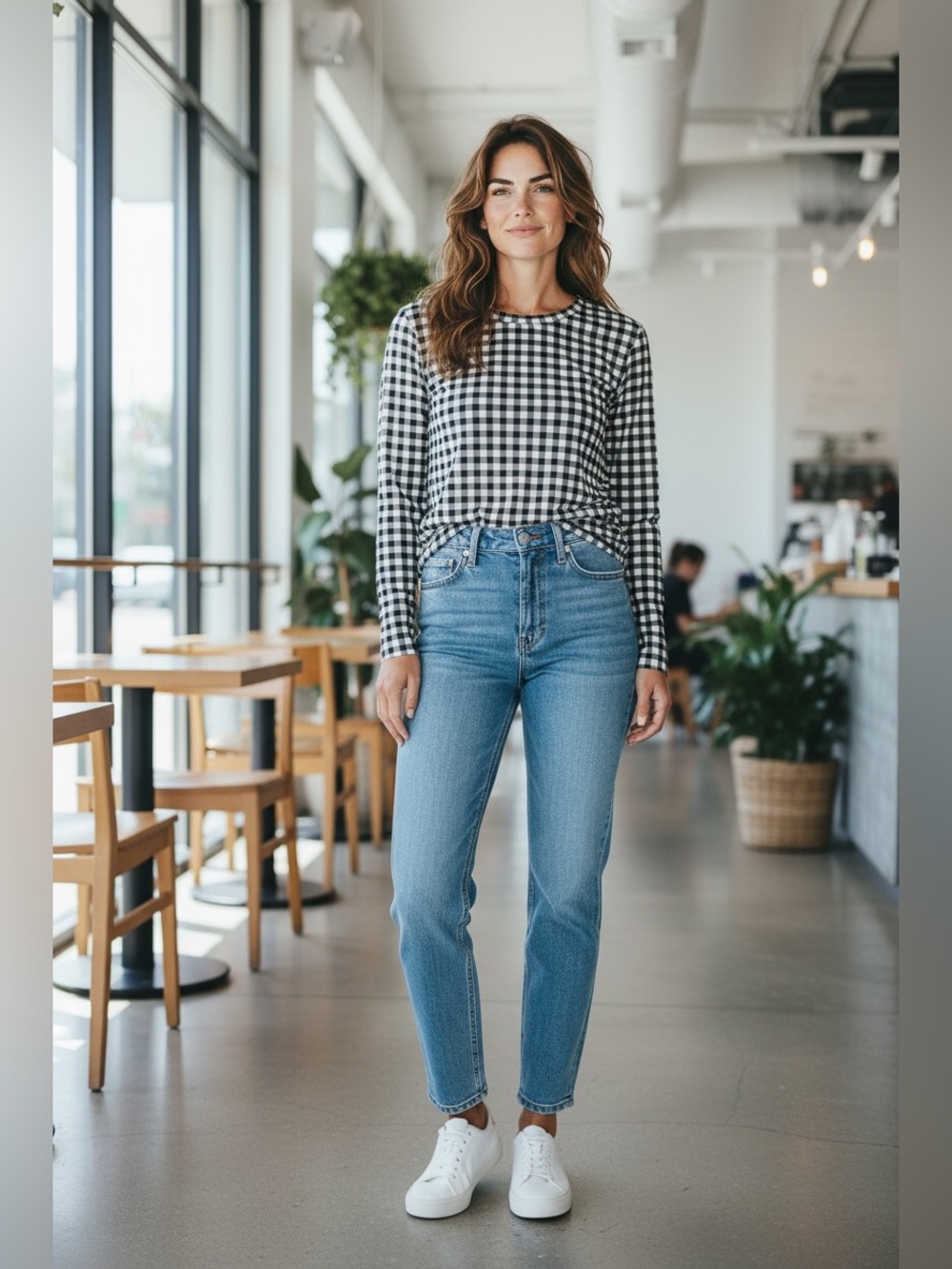 Navy and White Gingham Long-Sleeve Tee